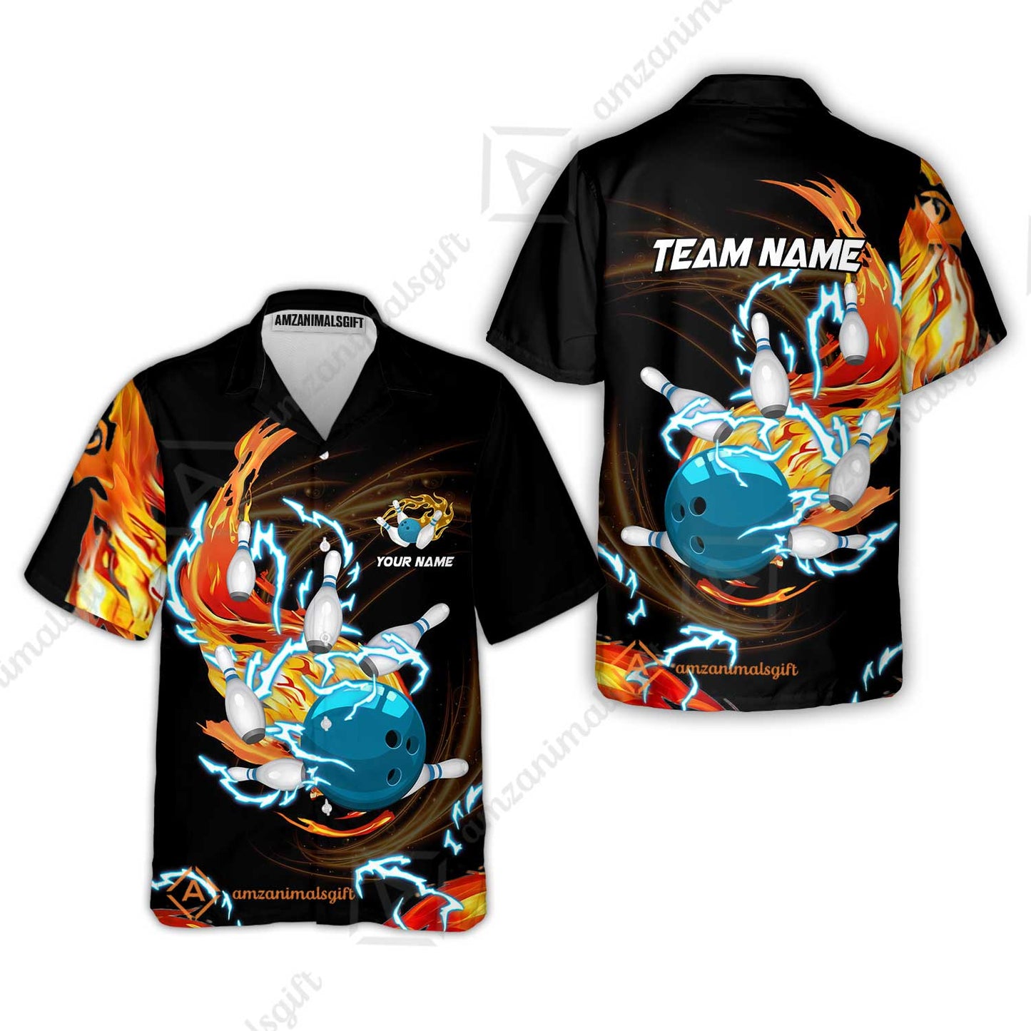 Customized Bowling Hawaiian Shirt, Bowling Ball & Pins Breath Of Thunder Flame Multicolor Option, Perfect Outfit For Bowlers