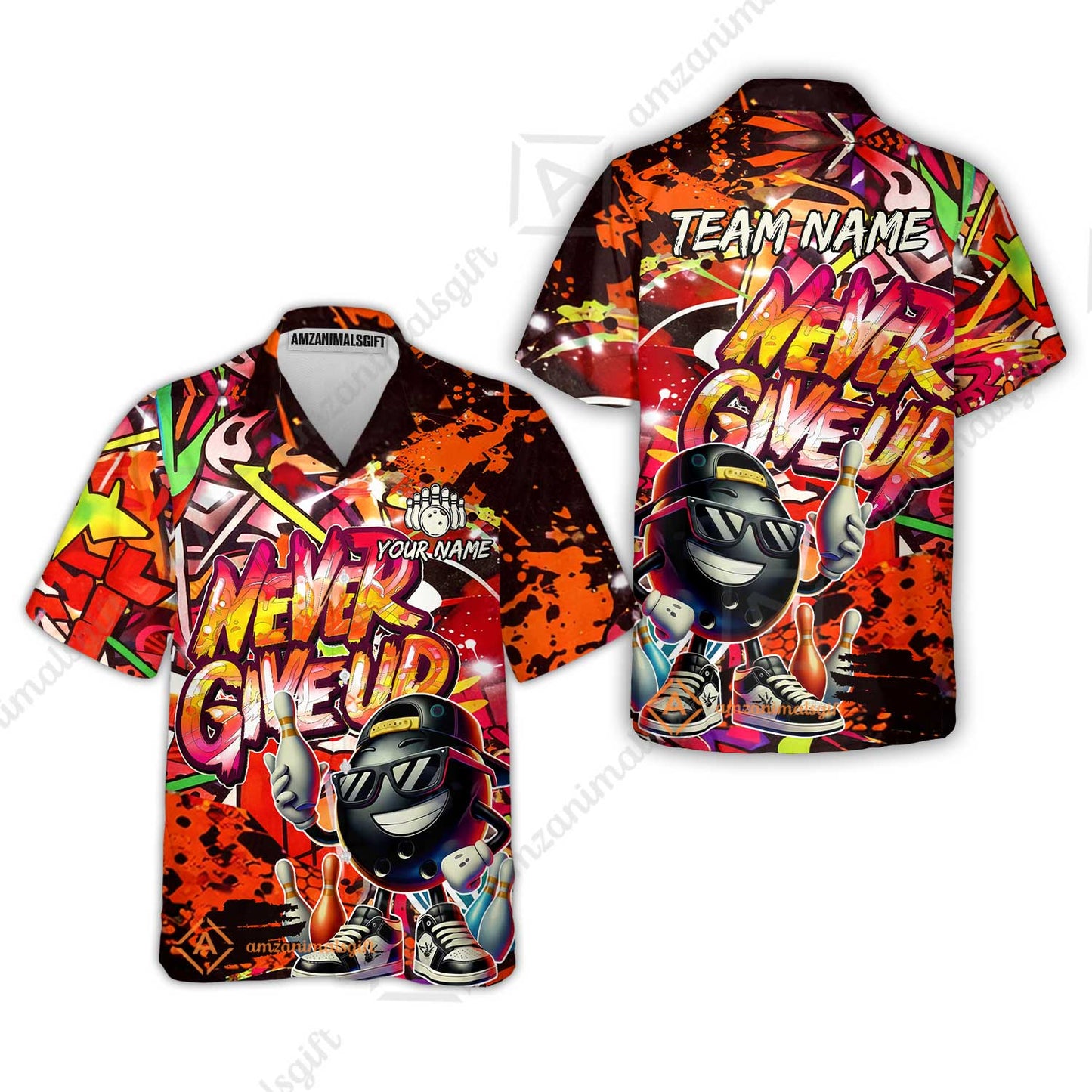 Customized Bowling Unisex Polo Shirt, Graffiti Bowling Funny Never Give Up Bowling Uniform, Personalized Name And Team Name