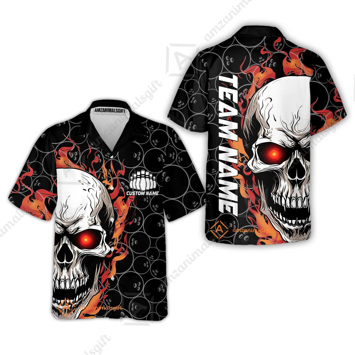 Personalized Bowling Unisex Polo Shirt, Green Flaming Skull Shirt For For Team Men Women Bowlers