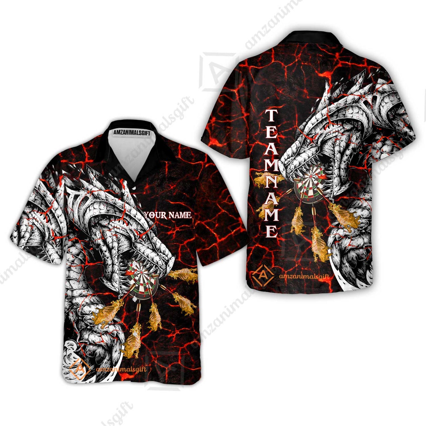 Customized Darts Team Hawaiian Shirt, Darts And Dragon With Magma Personalized Hawaiian Shirt For Darts Players