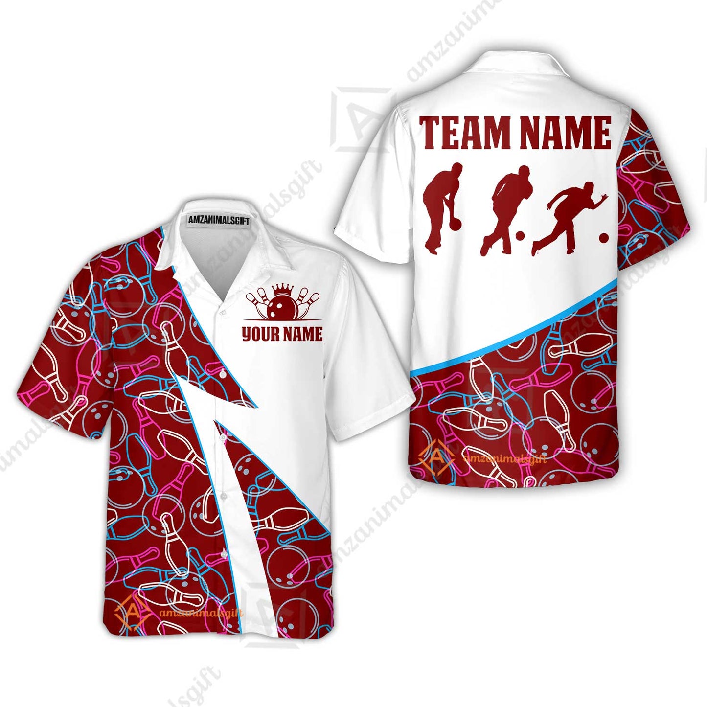Custom Bowling Team Bowling Jersey, Neon Pattern Bowling Jersey With Player Silhouettes Multicolor Polo Quarter-Zip Shirts, Custom Bowling Uniforms Jerseys
