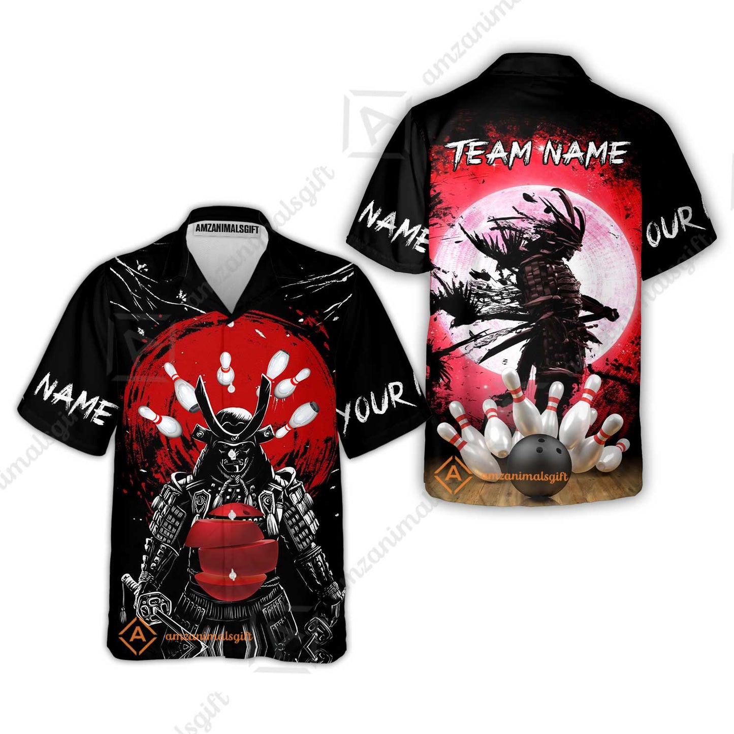 Custom Bowling Team Jerseys Polo Shirts, Bowling uniforms Ball And Pins Samurai Multicolor Options Personalized Name And Team Name