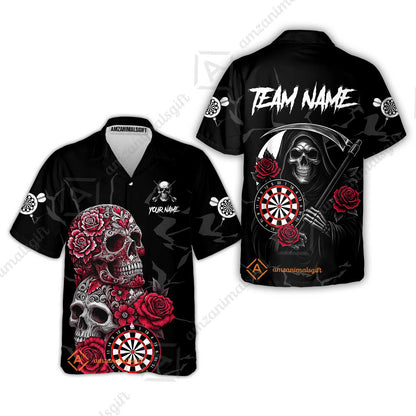 Customized Darts Hawaiian Shirt, Darts Turquoise Skull Roses Dartboard Hawaiian Shirt Style Jersey for Darts Players