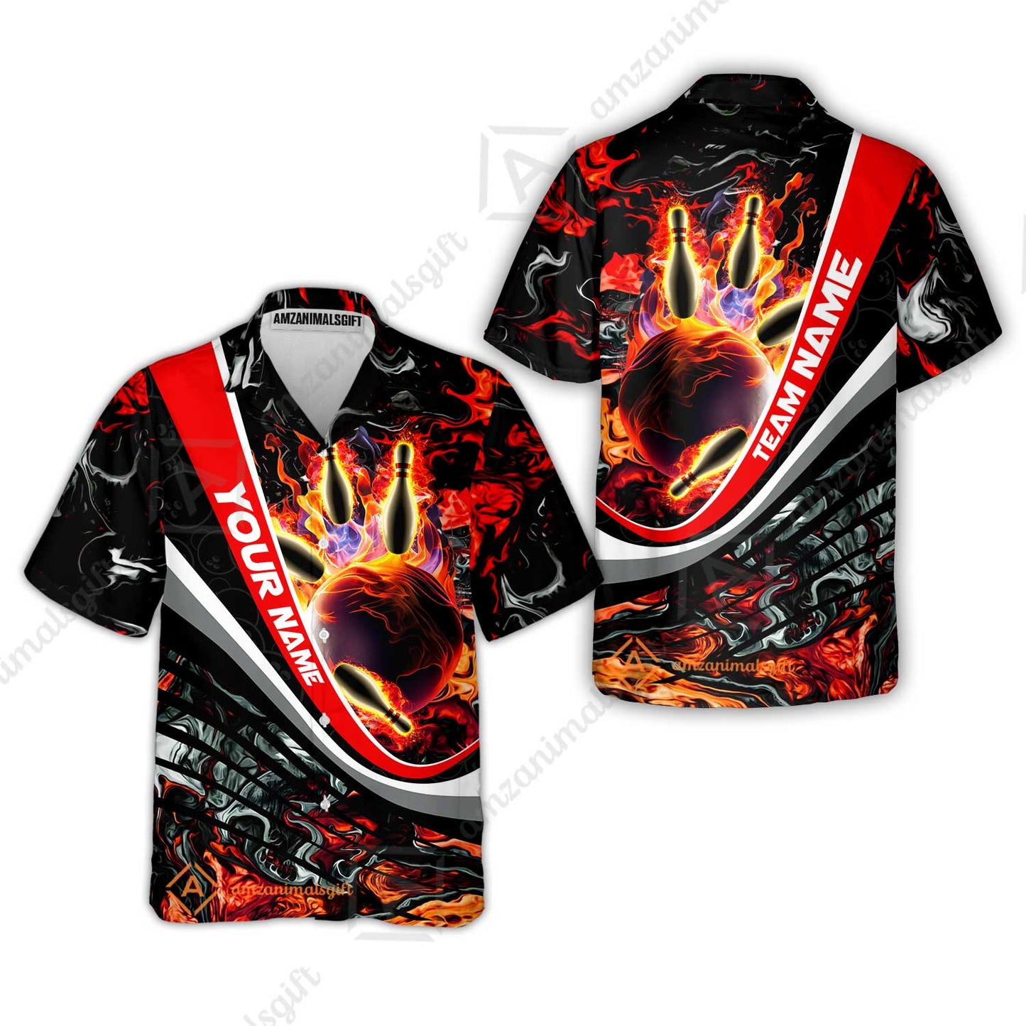 Customized Bowling Polo, Flaming Magma Bowling And Pins Multicolor Option Customized Name Team Name For Bowling Team Shirts