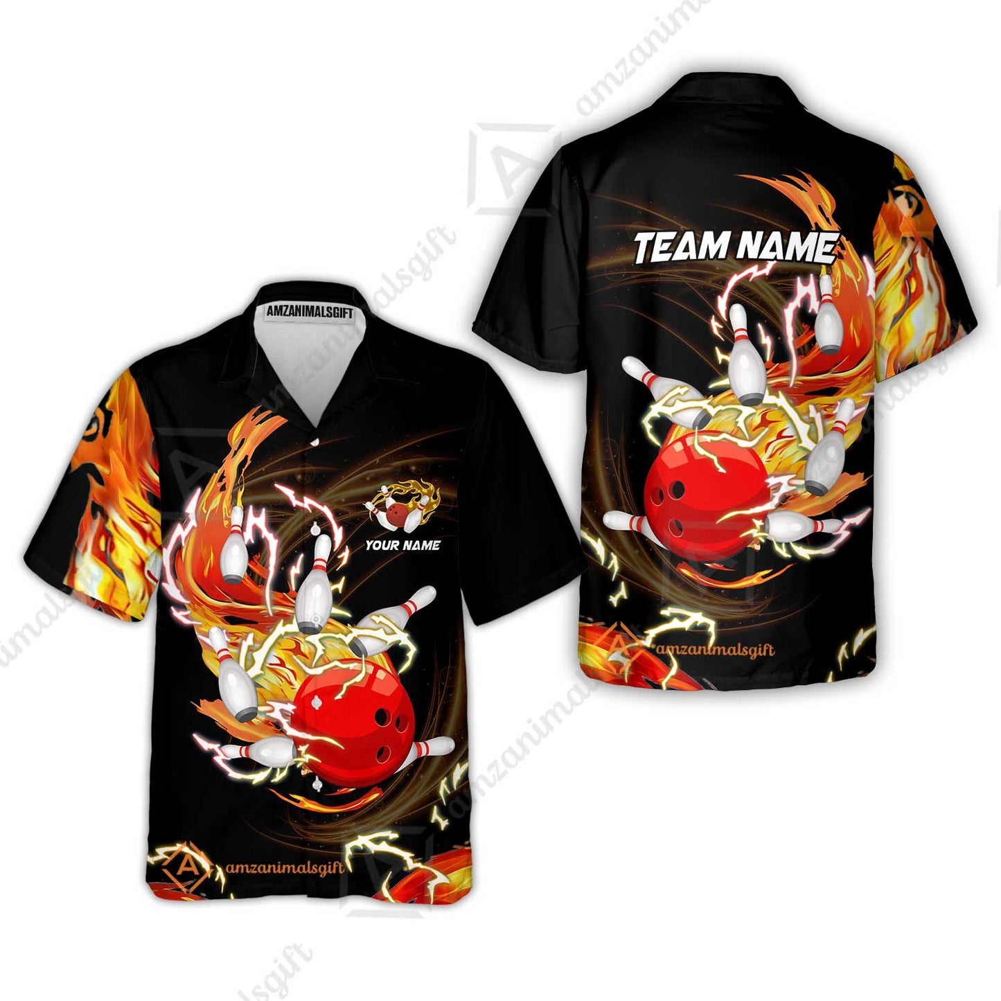 Customized Bowling Hawaiian Shirt, Bowling Ball & Pins Breath Of Thunder Flame Multicolor Option, Perfect Outfit For Bowlers