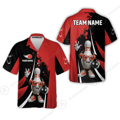 Customized Bowling Unisex Polo Shirt, Halftone Bowling Pin Wearing Headphones Sunglasses, Personalized Name And Team Name