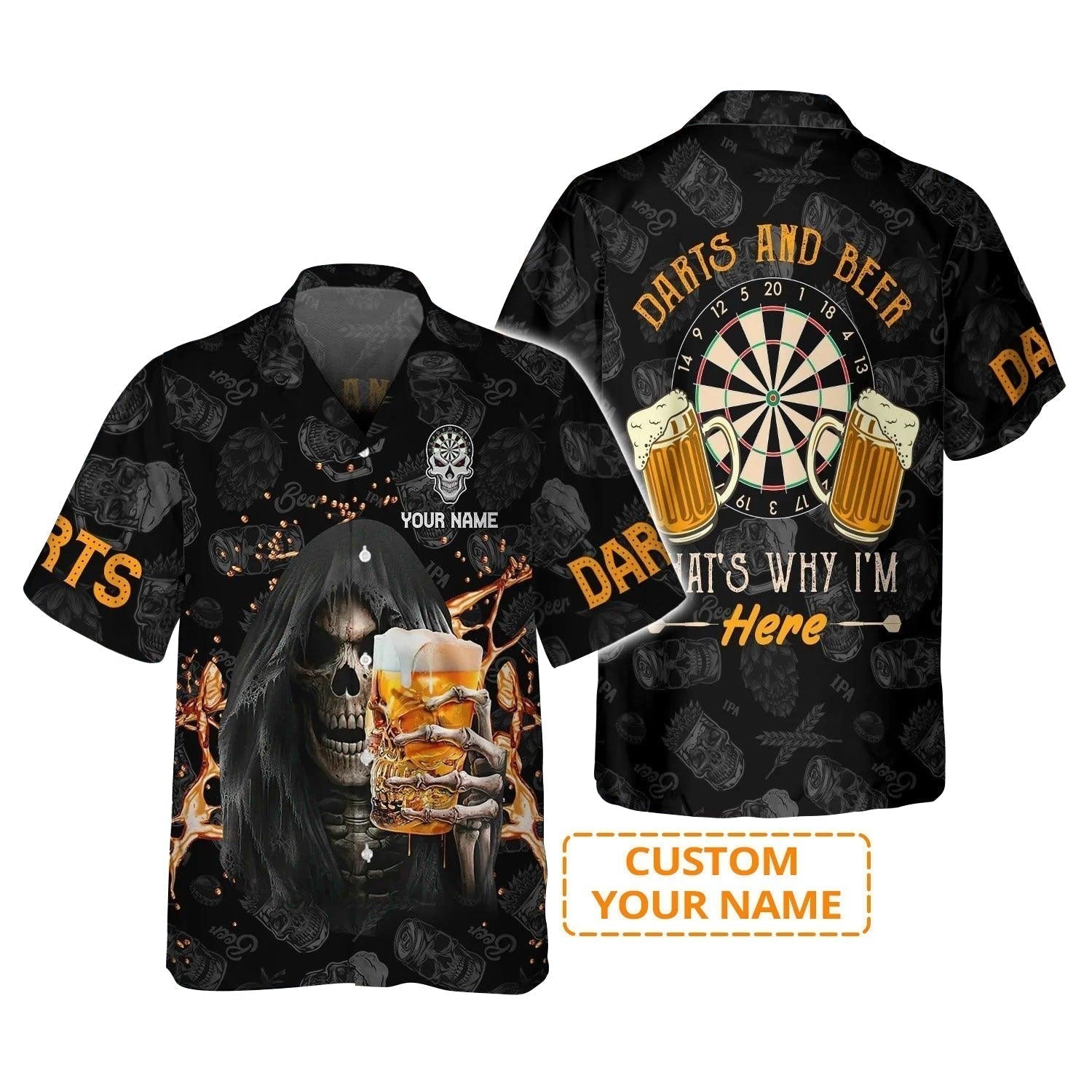 Customized Name Darts Hawaiian Shirt, Darts And Beer That's Why I'm Here Personalized Skull And Darts Hawaiian Shirt