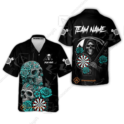 Customized Darts Hawaiian Shirt, Darts Turquoise Skull Roses Dartboard Hawaiian Shirt Style Jersey for Darts Players