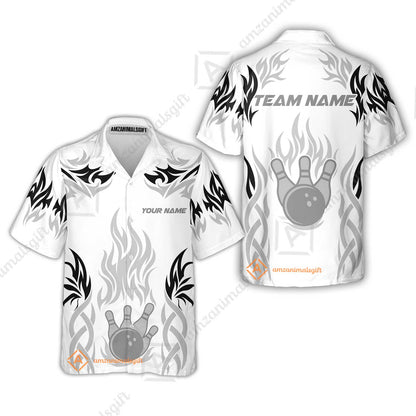 Personalized Bowling Team Hawaiian Shirt, Tribal And Bowling Flame Multi Option Customized Polo Shirt - White