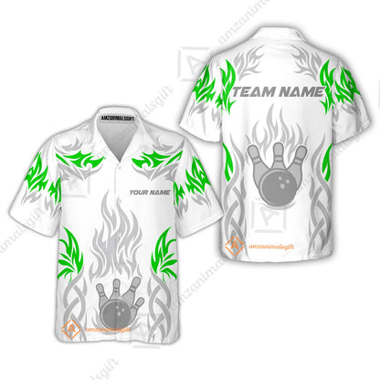 Personalized Bowling Team Hawaiian Shirt, Tribal And Bowling Flame Multi Option Customized Polo Shirt - White