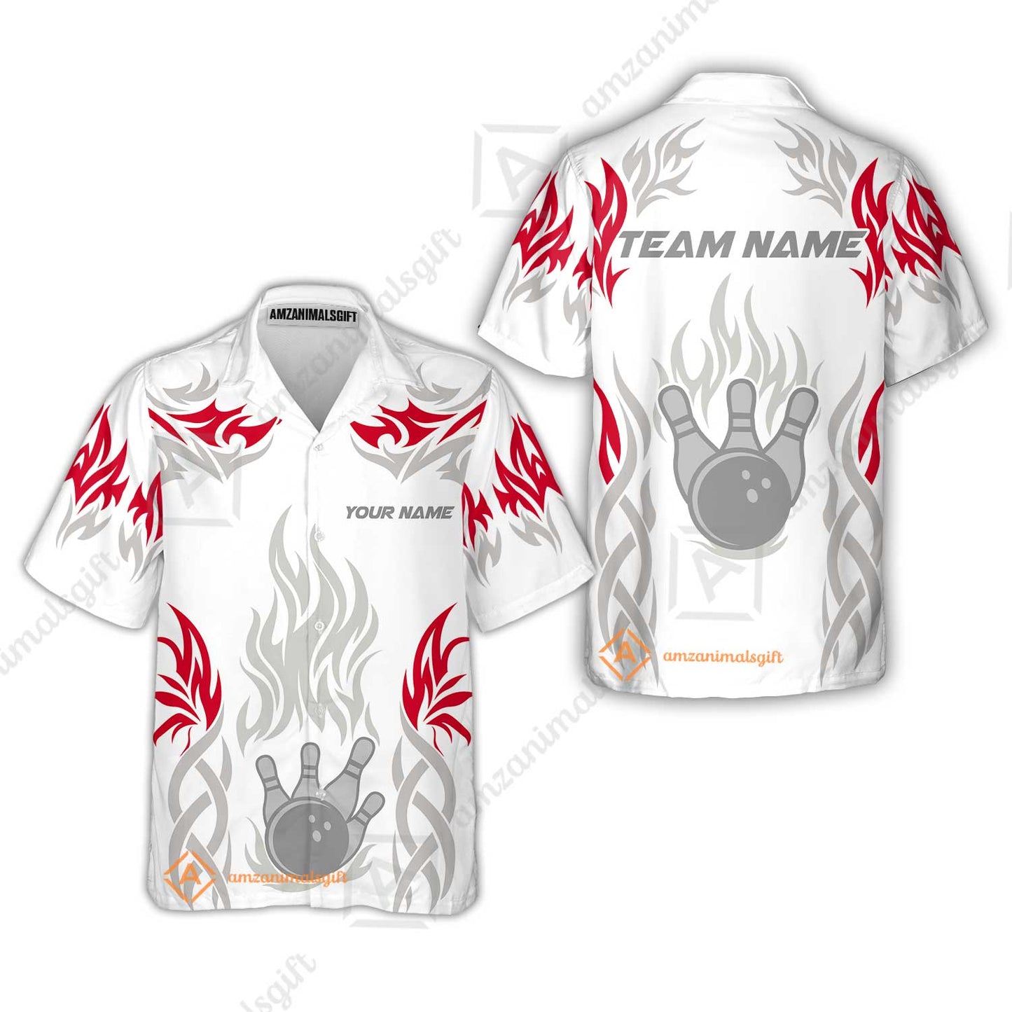 Personalized Bowling Team Hawaiian Shirt, Tribal And Bowling Flame Multi Option Customized Polo Shirt - White