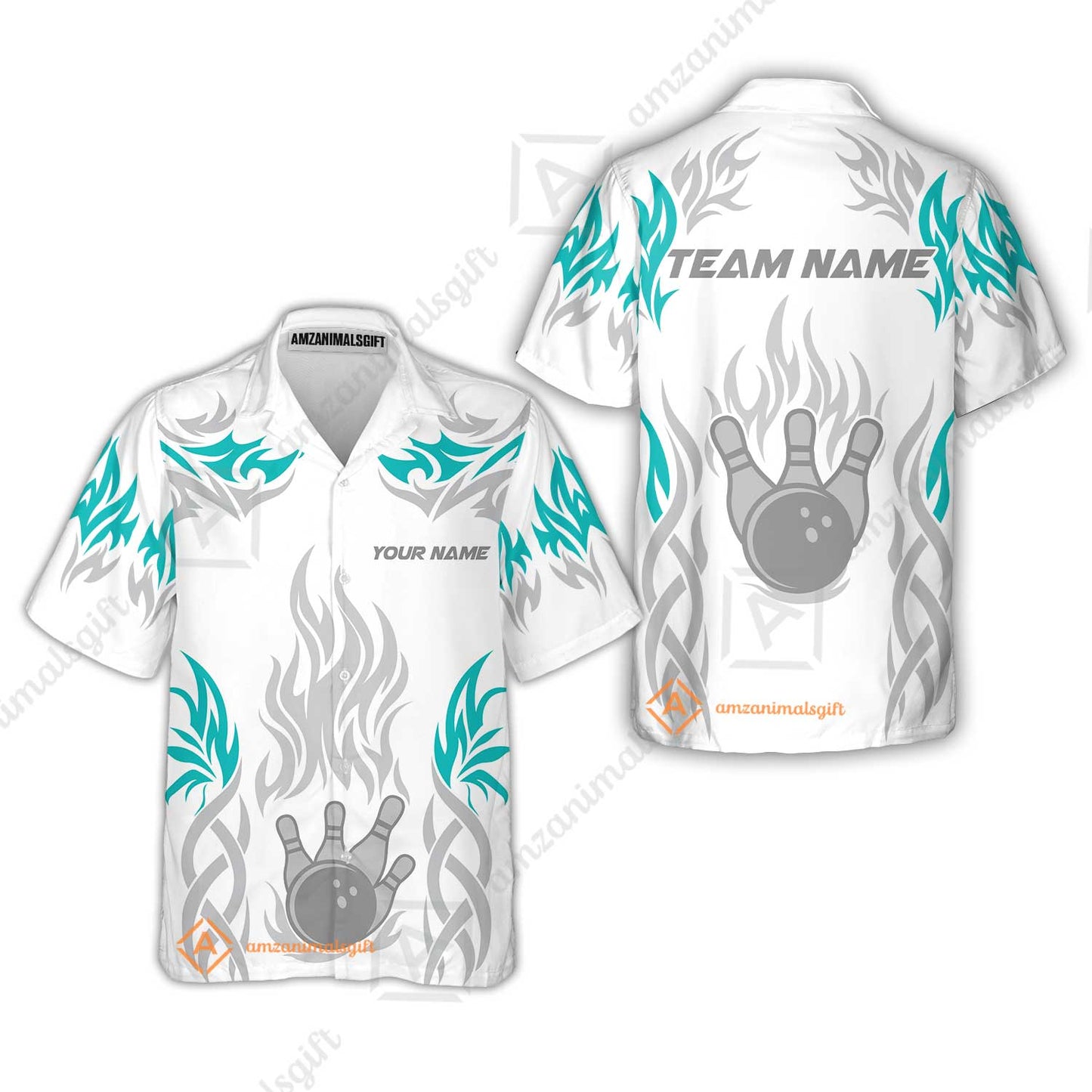 Personalized Bowling Team Hawaiian Shirt, Tribal And Bowling Flame Multi Option Customized Polo Shirt - White