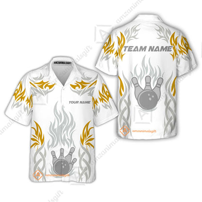 Personalized Bowling Team Hawaiian Shirt, Tribal And Bowling Flame Multi Option Customized Polo Shirt - White