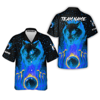 Customized Bowling Jersey, Glowing Wolf with Fiery Bowling Pins , Uniform Bowling - Personalized Name And Team Name