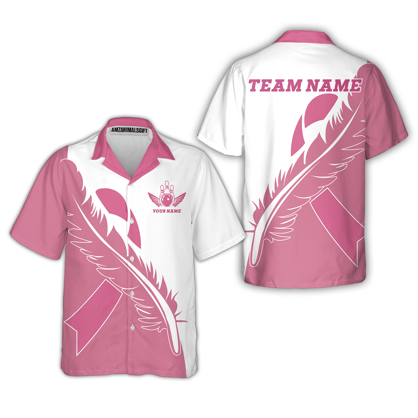 Feather Pink Ribbon Breast Cancer Custom Bowling Team Polo Shirts, Pink Ribbon Bowling Team Uniforms Jerseys, Personalized Name And Team Name