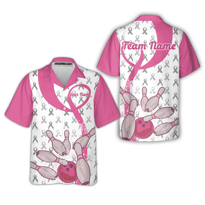 Pink Ribbon Breast Cancer Custom Bowling Team Polo Shirts, Pink Ribbon Bowling Team Uniforms Jerseys Personalized Name And Team Name