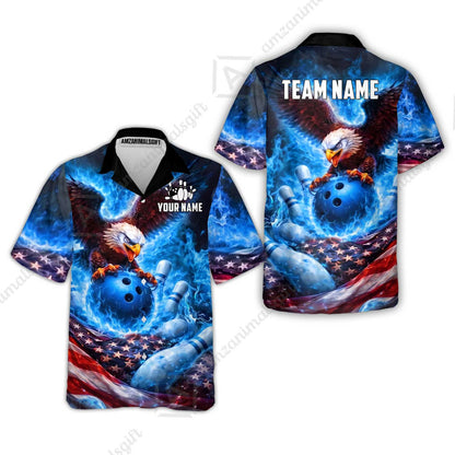 Custom Bowling Jersey Polo Shirt, Patriotic Blue Fire Eagle, Custom Bowling Jersey Team Shirt For Players With Name and Team Name