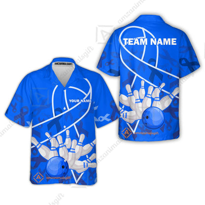 Custom Bowling Team Uniform Shirts, Blue Ribbon & Bowling Ball Strike Shirt, Personalized Team & Player Jersey