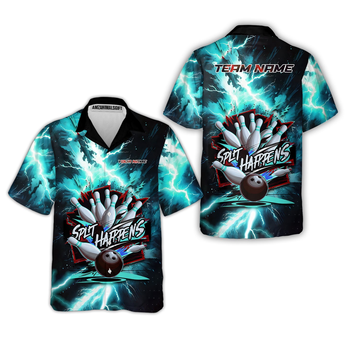 Custom Bowling Team Jersey, Split Happens - Electric Lightning, Bowling Uniforms, Personalize Name And Team Name