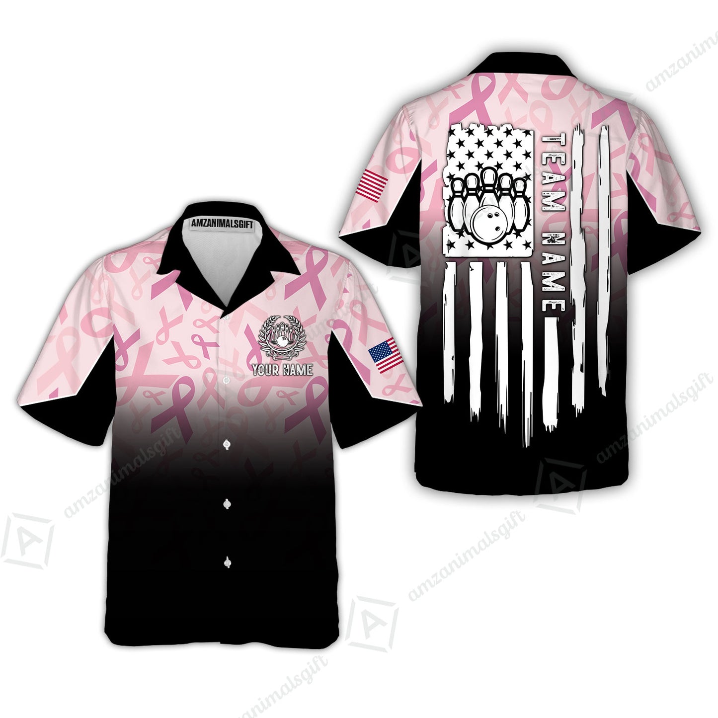 Custom Bowling Jersey Polo Shirt, Ribbon Breast Cancer Awareness Flag, Custom Bowling Jersey Team Shirt For Players With Name and Team Name