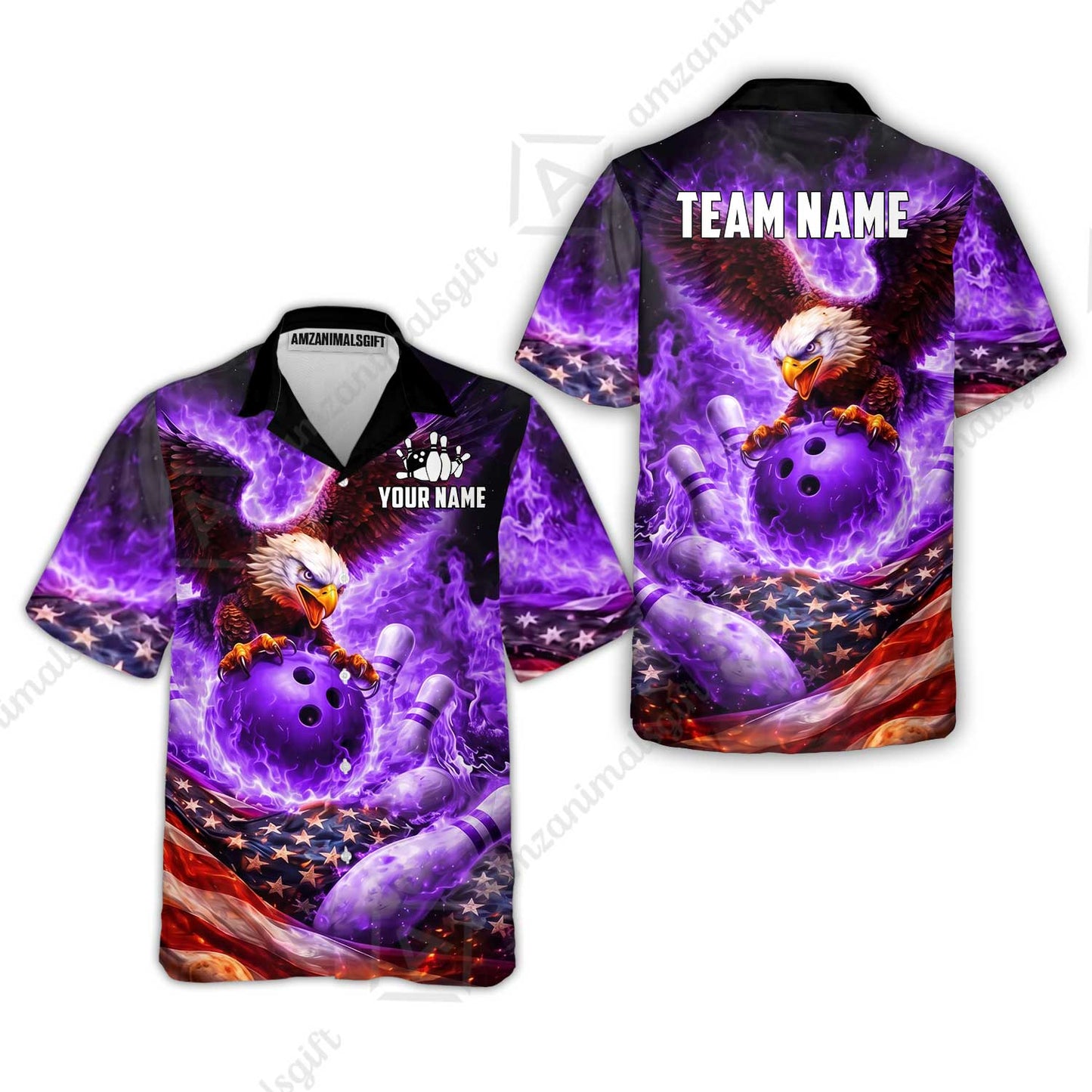 Custom Bowling Jersey Polo Shirt, Patriotic Blue Fire Eagle, Custom Bowling Jersey Team Shirt For Players With Name and Team Name