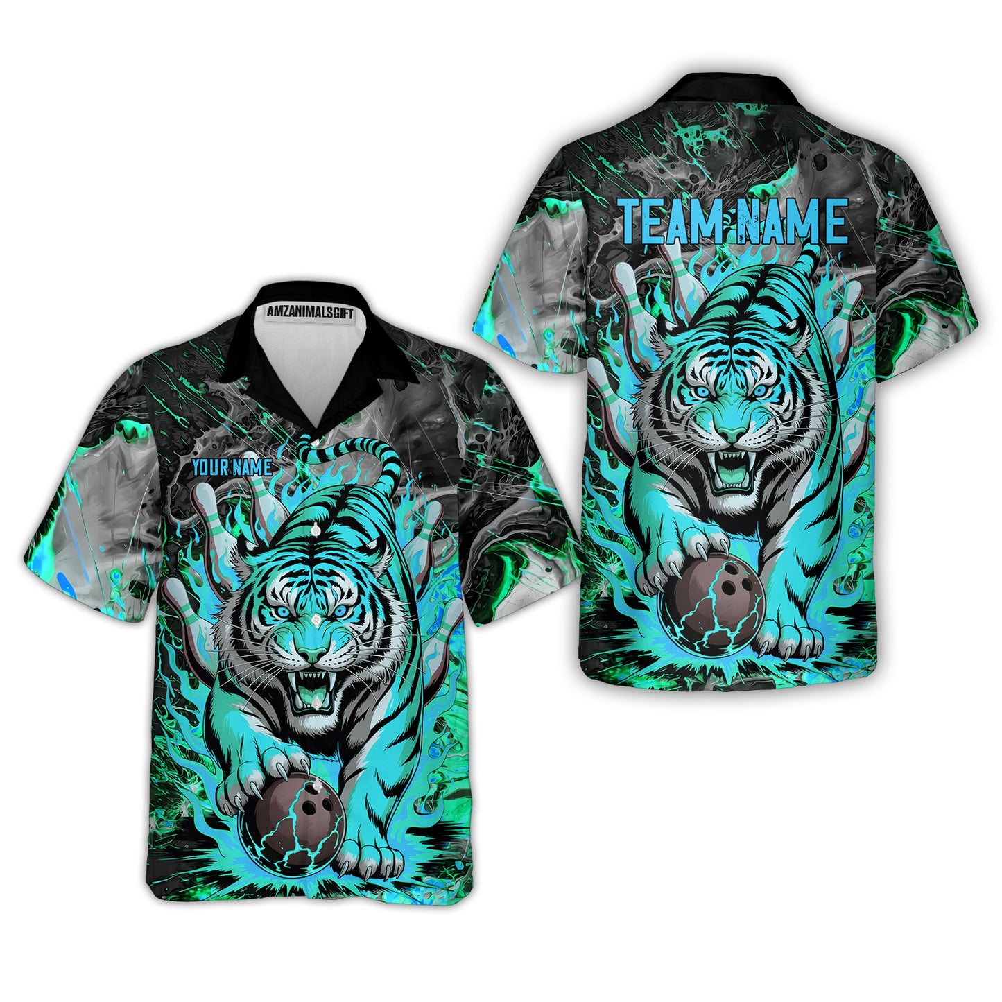 Custom Bowling Team Jersey, Tiger Gripping A Bowling Ball, Bowling Uniforms, Personalize Name And Team Name