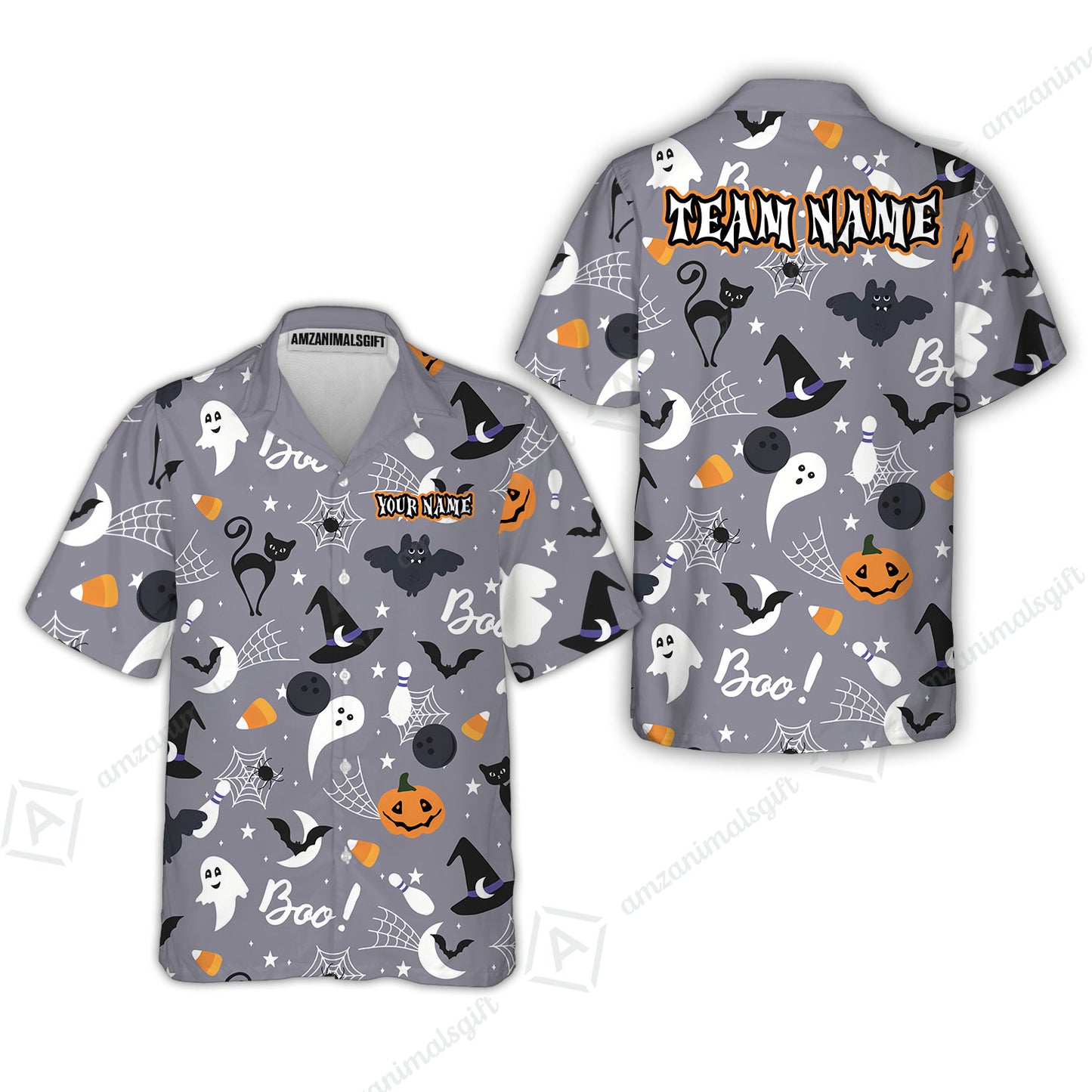 Customized Bowling Shirt, Halloween Pattern Bowling And Pin Boo Cat Ghost Bat Pumpkin, Personalized Polo Shirt For Players With Name & Team Name