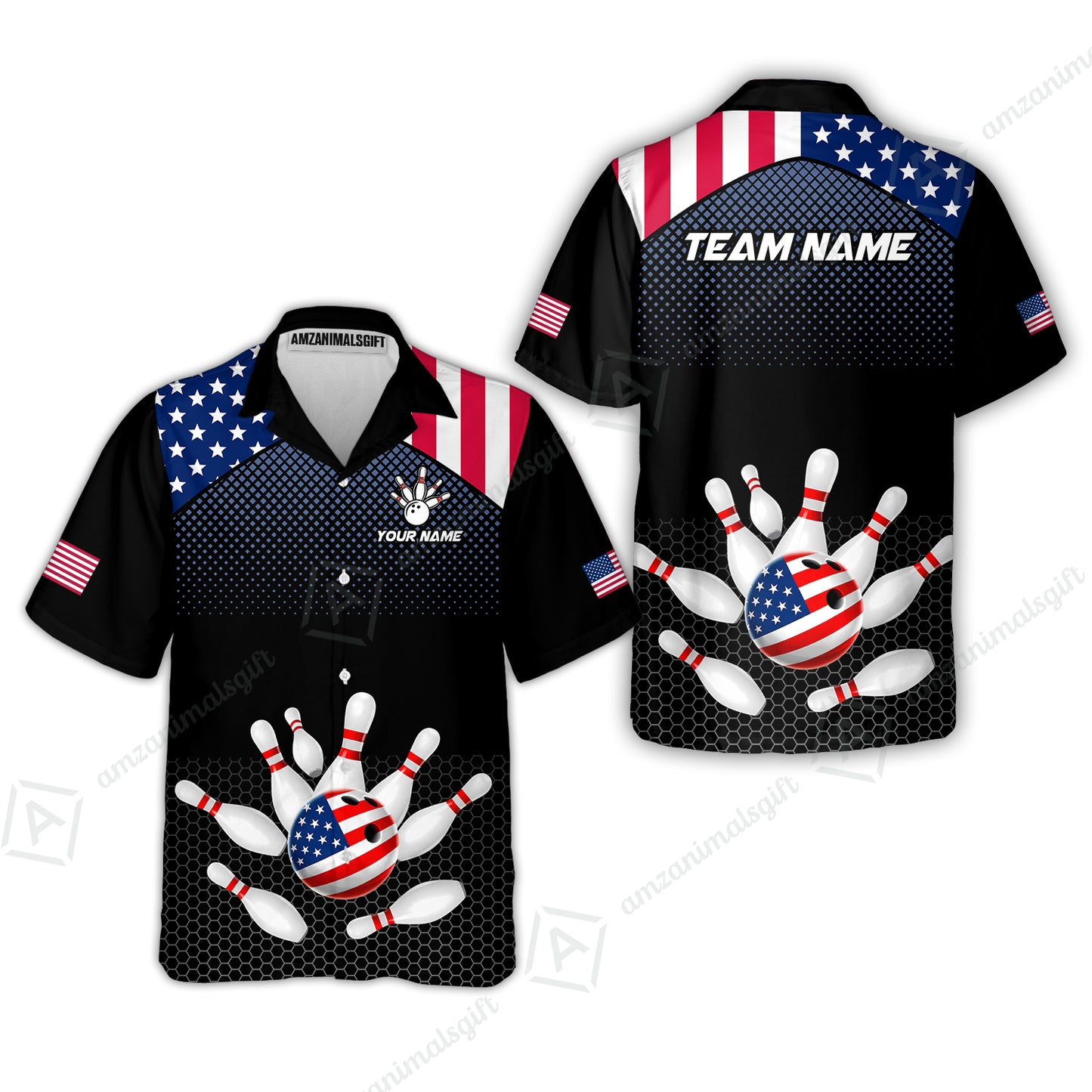 Custom Bowling Jersey Polo Shirt, Patriotic USA Flag Stars Stripes Tech Hexagon Pattern, Custom Bowling Jersey Team Shirt For Players With Name & Team Name