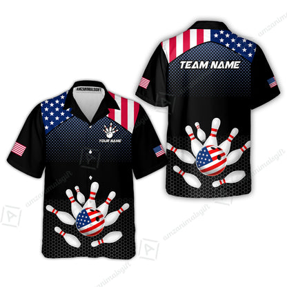 Custom Bowling Jersey Polo Shirt, Patriotic USA Flag Stars Stripes Tech Hexagon Pattern, Custom Bowling Jersey Team Shirt For Players With Name & Team Name