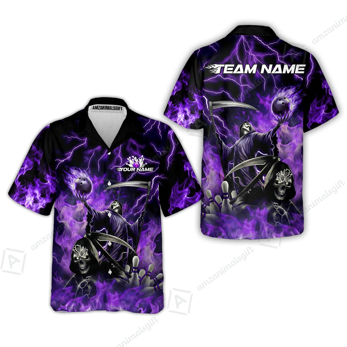 Custom Bowling Team Quarter-Zip Polo Shirt, Grim Reaper Skull With Flame Bowling Lightning Design for Bowlers, Personalized Shirt with Name and Team Name