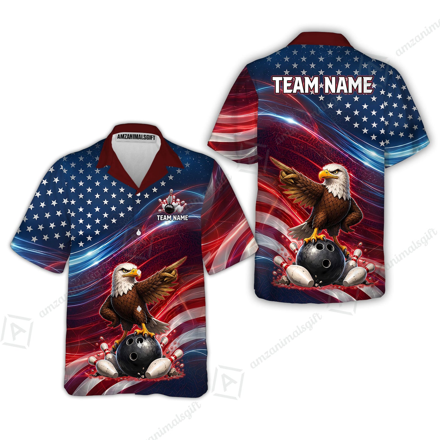 Custom Bowling Jersey Polo Shirt, Eagle Bowling Flag America Thunder Wave, Custom Bowling Jersey Team Shirt For Players With Name and Team Name