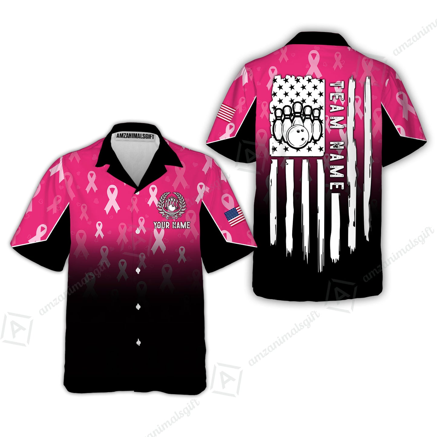 Custom Bowling Jersey Polo Shirt, Ribbon Breast Cancer Awareness Flag, Custom Bowling Jersey Team Shirt For Players With Name and Team Name