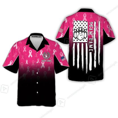 Custom Bowling Jersey Polo Shirt, Ribbon Breast Cancer Awareness Flag, Custom Bowling Jersey Team Shirt For Players With Name and Team Name