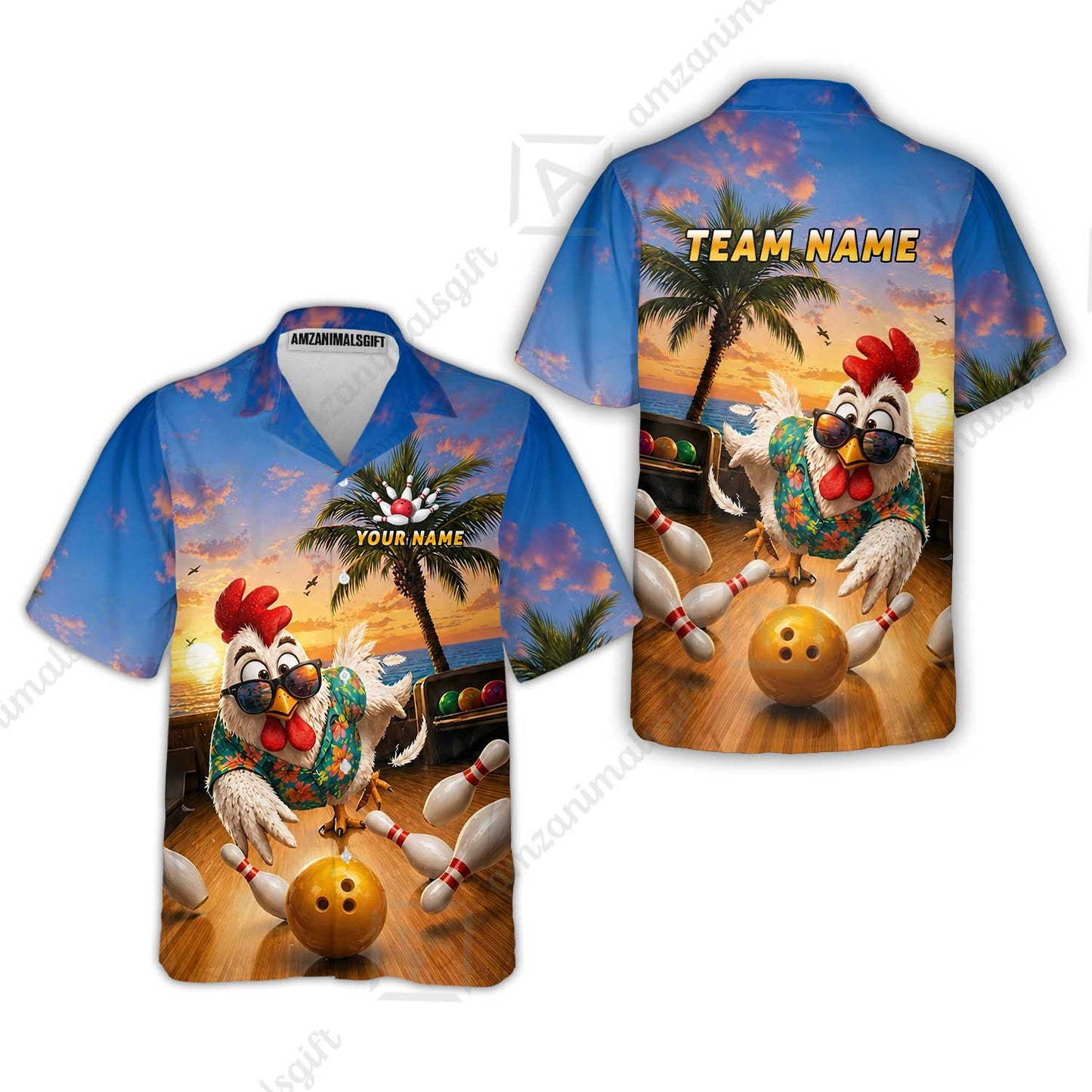 Custom Bowling Jersey Polo Shirt, Funny Tropical Hawaiian Rooster Strike, Custom Bowling Jersey Team Shirt For Players With Name and Team Name