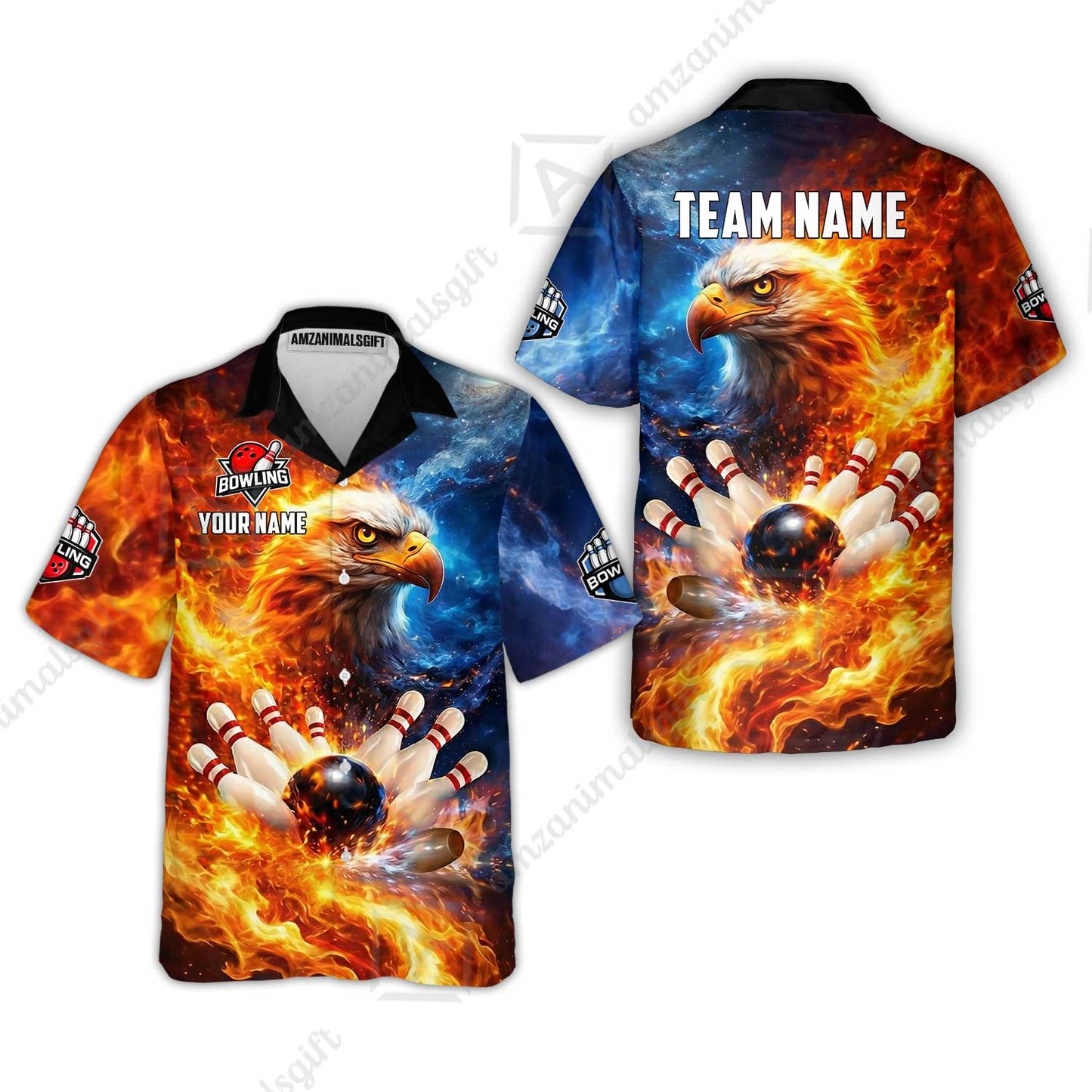 Custom Bald Eagle and Fire Bowling Jersey Polo Shirt, Custom Bald Eagle and Fire Bowling Jersey Team Shirt For Players With Name & Team Name