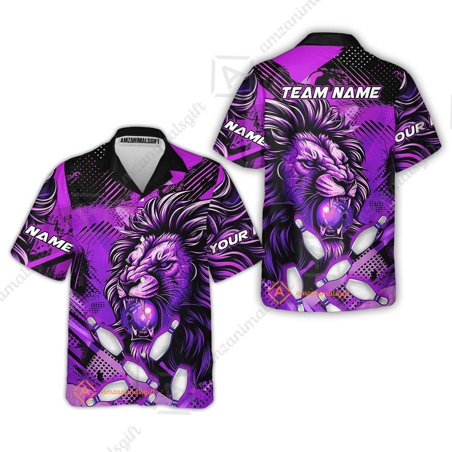 Custom Bowling Team Jerseys Shirts, Bowling uniforms Ball & Pins Lion Pattern Personalized Name And Team Name