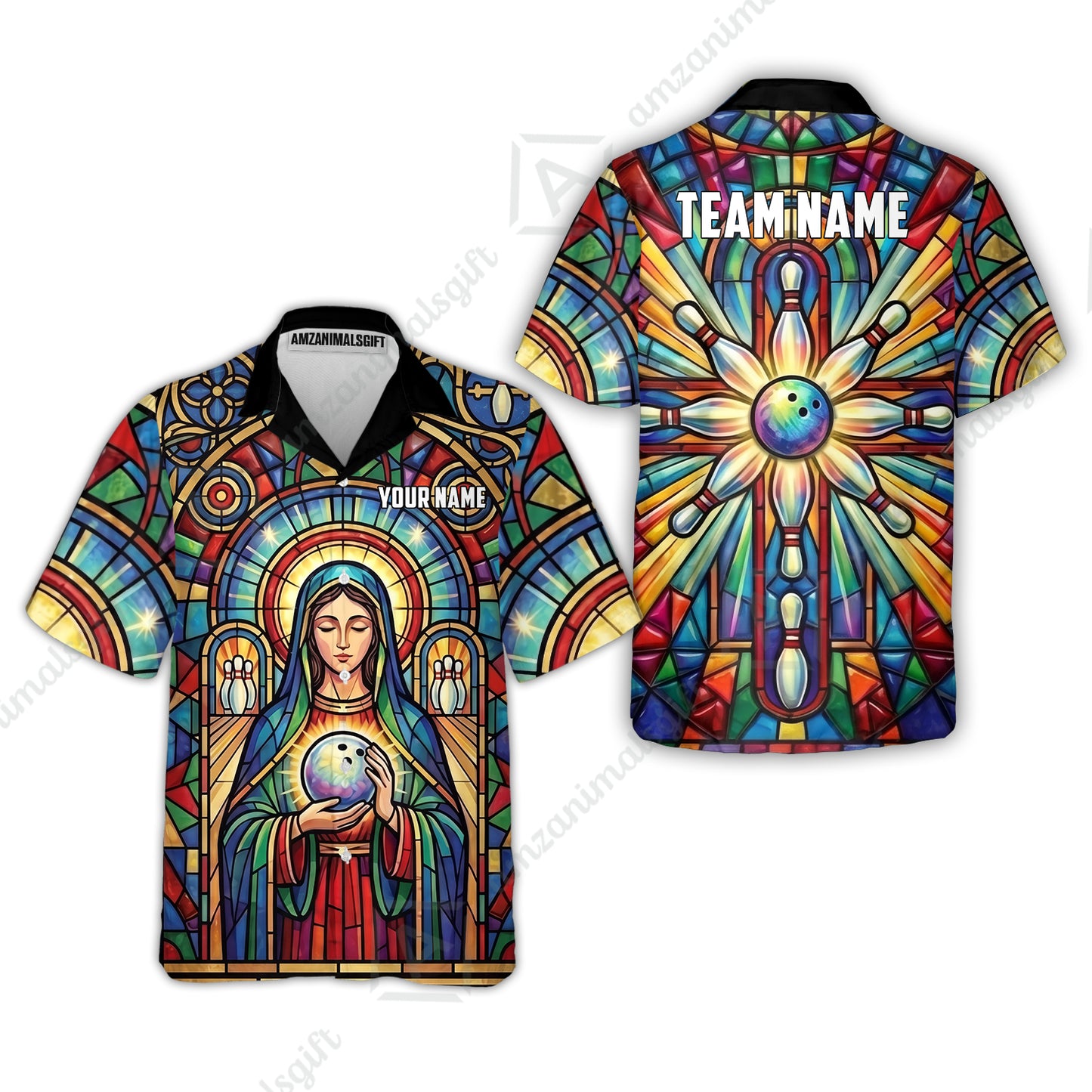 Custom Bowling Jersey Polo Shirt, Stained Glass Sacred Strike, Custom Bowling Jersey Team Shirt For Players With Name & Team Name