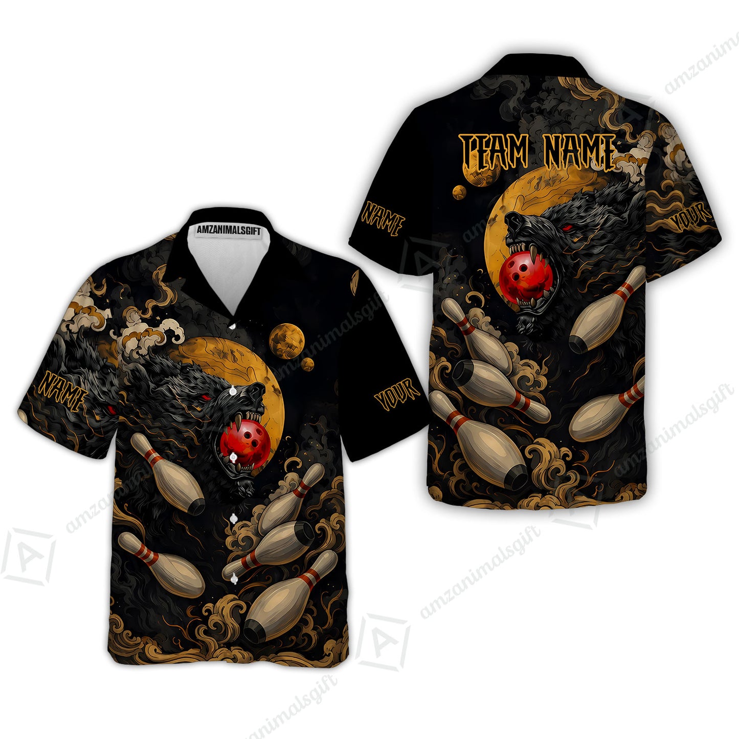 Custom Bowling Jersey Polo Shirt, Bowling And Pin Wolf Moon Smoke Japan Style, Personalize Name and Team Name