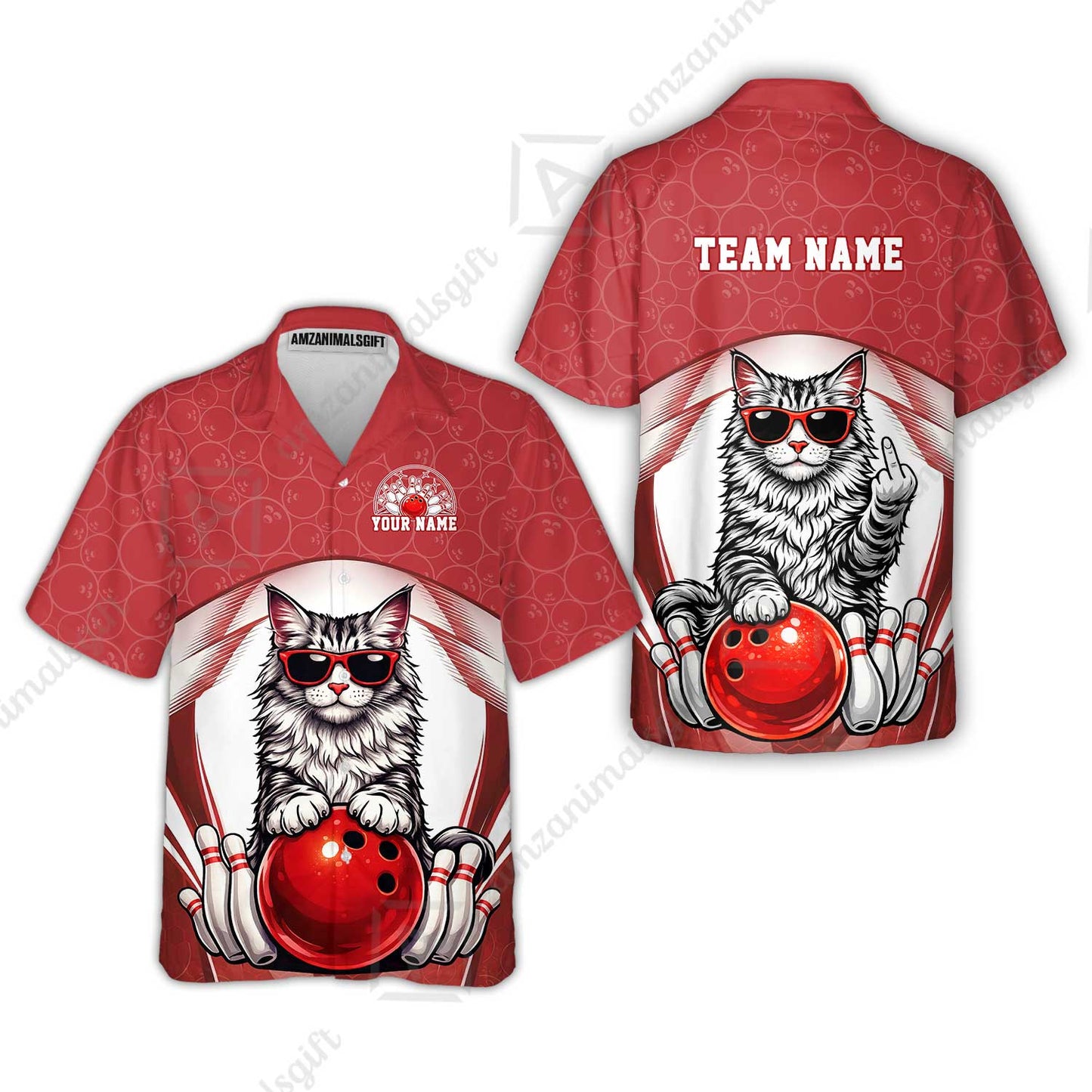 Custom Bowling Polo Shirt, Funny Cat with Sunglasses Bowling Custom Bowling Polo Team Shirt For Players With Name & Team Name