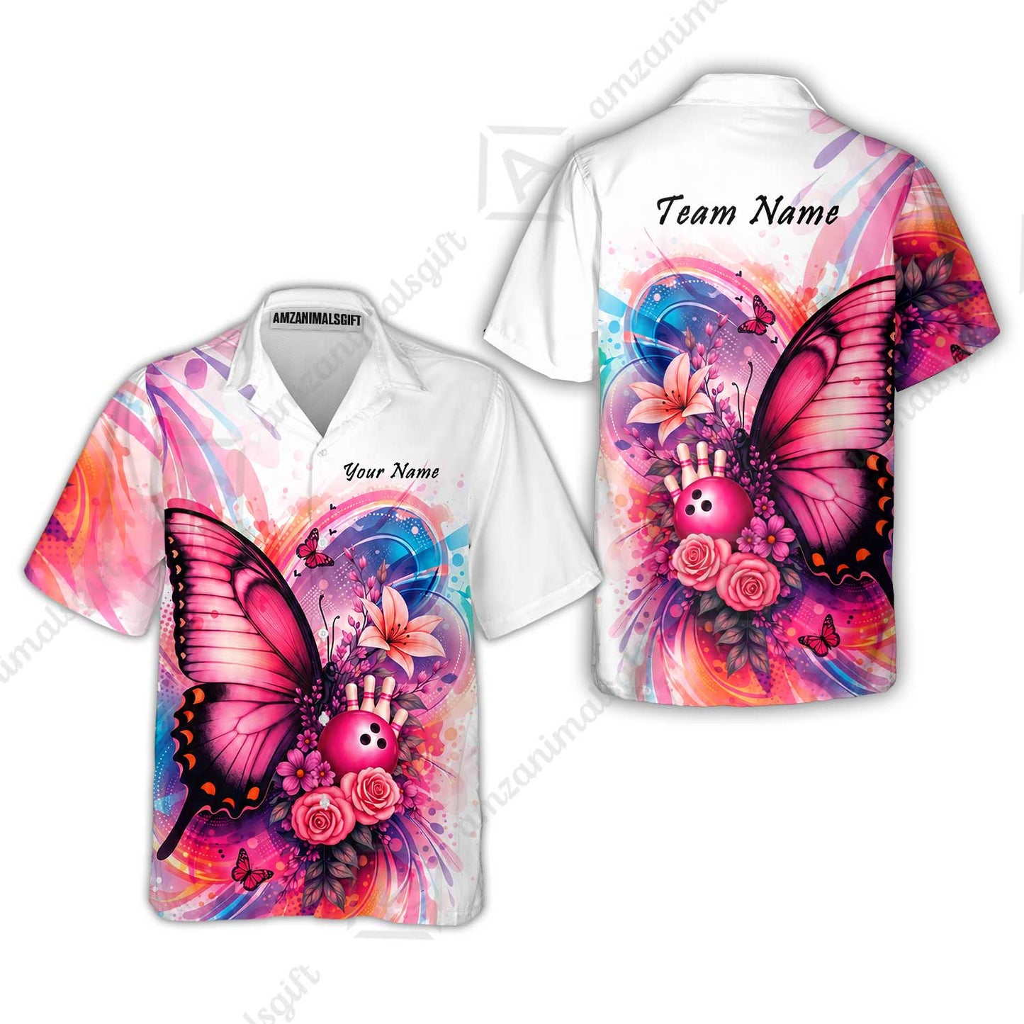 Custom Bowling Jersey Polo Shirt, Watercolor Pink Butterfly Bloom, Custom Bowling Jersey Team Shirt For Players With Name and Team Name