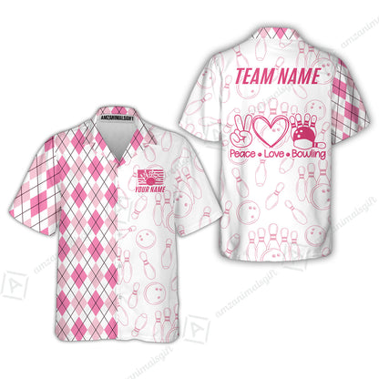 Custom Women Polo Shirt, Argyle Bowling Peace Love, Custom Bowling Women Polo Team Shirt For Players With Name & Team Name
