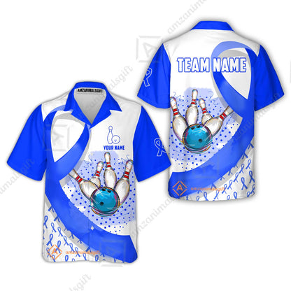 Custom Bowling Team Jersey Shirts, Blue Ribbon and Ball Hitting Pins Shirt, Personalized Team & Player Bowling Jersey