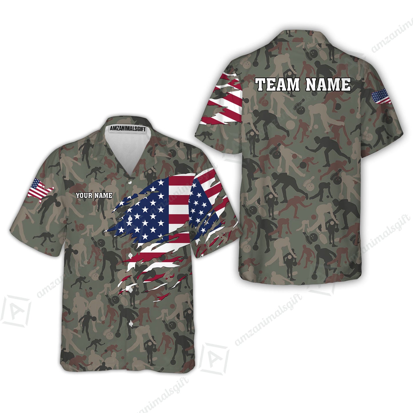Custom Bowling Jersey Polo Shirt, American Flag Woodland Green Camouflage, Custom Bowling Jersey Team Shirt For Players With Name and Team Name