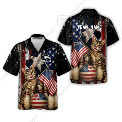 Custom Bowling Jersey Polo Shirt, American Flag and Alley Cats, Custom Bowling Jersey Team Shirt For Players With Name and Team Name