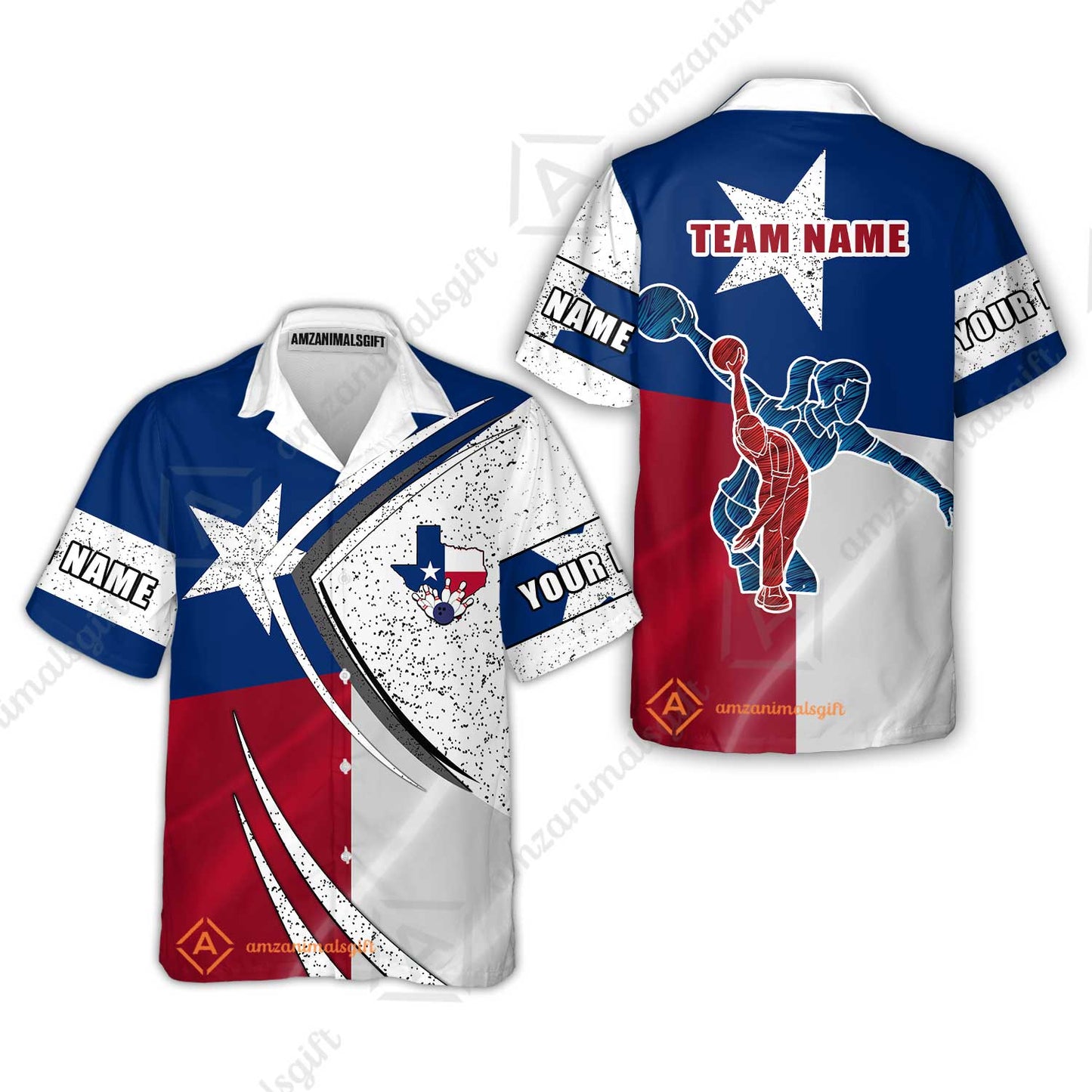 Customized Bowling Team Hawaiian Shirt, Bowling And Pins Texas Style Customized Name And Team Name Uniform Polo Shirts