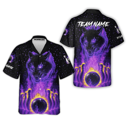 Customized Bowling Jersey, Glowing Wolf with Fiery Bowling Pins , Uniform Bowling - Personalized Name And Team Name