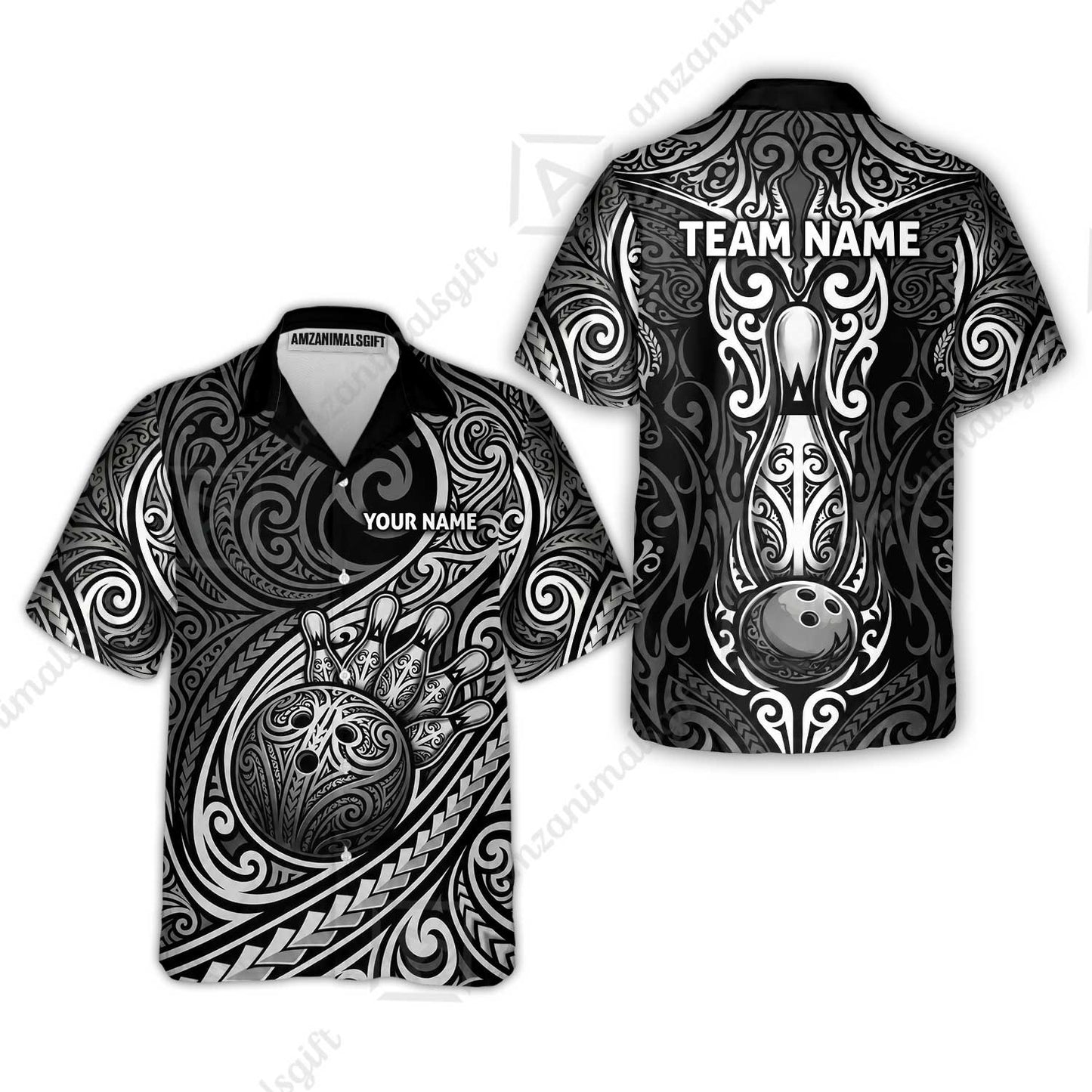 Custom Bowling Jersey Polo Shirt, Intricate Monochrome Tribal Spirit Bowling, Custom Bowling Jersey Team Shirt For Players With Name and Team Name