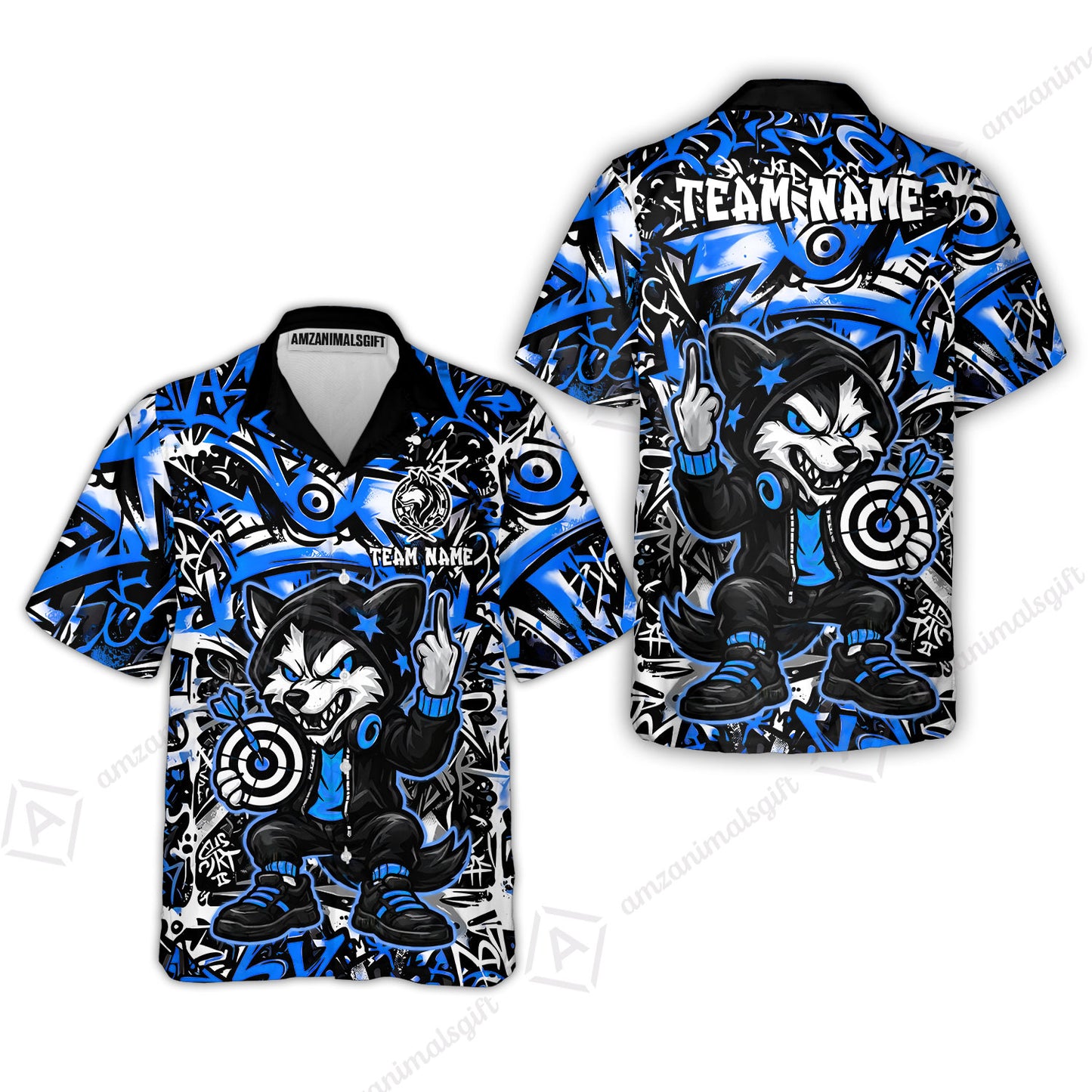 Customized Darts Team Uniform Shirt, Cool Cartoon Wolf With Dartboard, Personalized Name And Team Name