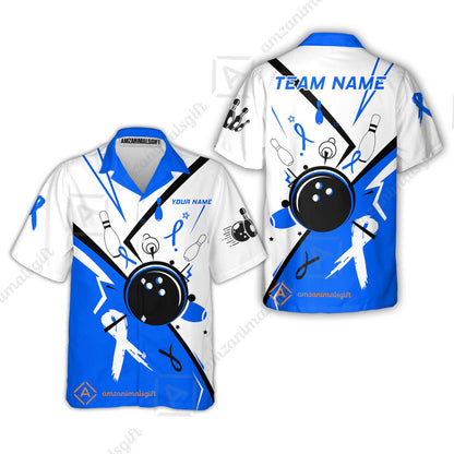 Custom Bowling Team Uniform Shirts, Bowling Ball Strike Pins And Blue Ribbon Shirt, Personalized Team & Player Jersey