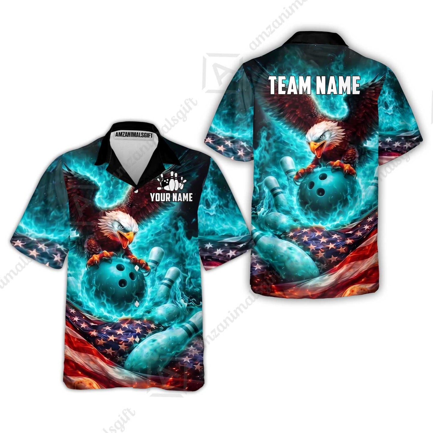 Custom Bowling Jersey Polo Shirt, Patriotic Blue Fire Eagle, Custom Bowling Jersey Team Shirt For Players With Name and Team Name